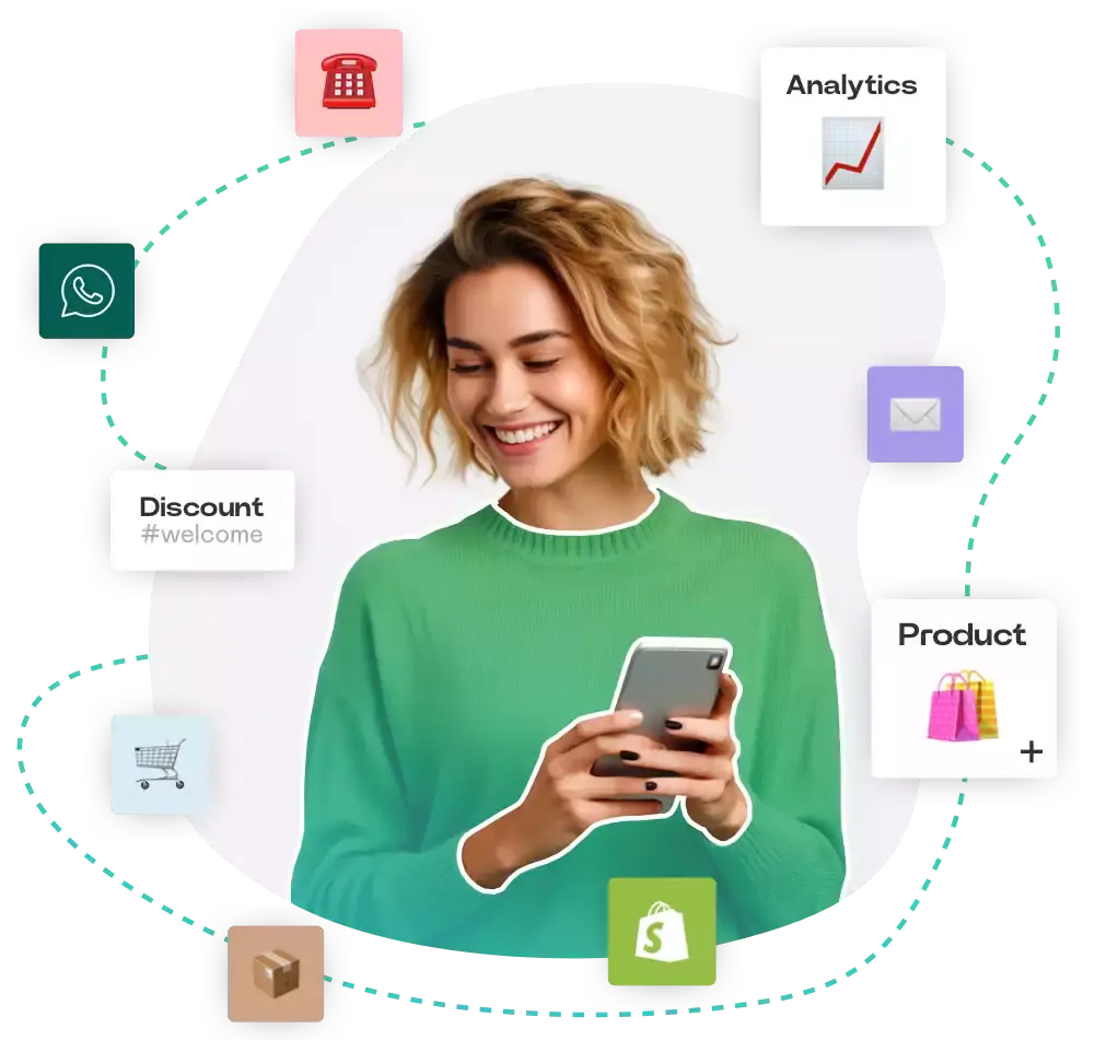 Woman holding a phone in her hands with icons of different integrations